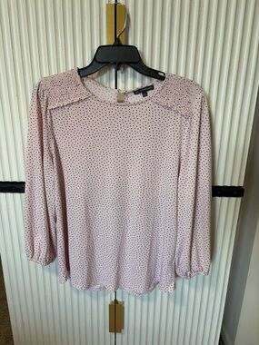 Adrianna Papell Pale Pink Dot Long Sleeve Smocked Shoulder Blouse